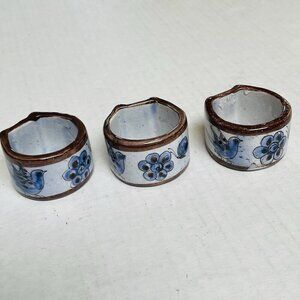 Set of 3 Mexican Ceramic Napkin Rings Blue Brown Signed Mexico Butterfly Floral